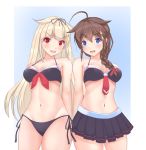  2girls absurdres adapted_costume ahoge bikini bikini_skirt black_bikini black_hair black_ribbon black_skirt blonde_hair blue_eyes braid breasts commentary_request cowboy_shot hair_flaps hair_ornament hair_over_shoulder hair_ribbon hairclip highres kantai_collection long_hair looking_at_viewer medium_breasts multiple_girls osashimisan pleated_skirt red_eyes remodel_(kantai_collection) ribbon shigure_(kantai_collection) side-tie_bikini single_braid skirt swimsuit yuudachi_(kantai_collection) 