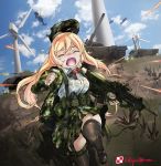  1girl aircraft arma_(series) arma_3 armored_vehicle artist_name assault_rifle blonde_hair bullpup camouflage camouflage_headwear camouflage_jacket camouflage_skirt caterpillar_tracks closed_eyes clouds commentary_request crying day f2000_(girls_frontline) fleeing fn_f2000 girls_frontline grass ground_vehicle gun handgun hat helicopter highres lolipantherwww long_hair military military_vehicle motor_vehicle open_mouth pistol rifle running see-through shirt skirt sky t-100_varsuk tank weapon wet wet_clothes wind_turbine windmill 