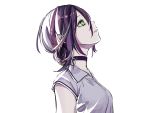  1girl absurdres black_choker black_hair black_ribbon breasts chainsaw_man choker collared_shirt green_eyes hair_between_eyes highres looking_up medium_hair natsume_hinako parted_lips reze_(chainsaw_man) ribbon shirt short_sleeves simple_background small_breasts solo standing white_background white_shirt 