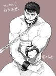  1boy abs amputee bara berserk black_hair chain chained chest collar facial_scar greyscale guts_(berserk) male_focus monochrome mouth muscle nose_scar one_eye_closed scar shirtless short_hair simple_background toned toned_male twitter_username upper_body zonzgong 