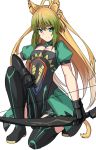  1girl animal_ears atalanta_(fate) black_footwear blonde_hair boots bow_(weapon) braid cat_ears cat_tail cleavage_cutout closed_mouth clothing_cutout fate/grand_order fate_(series) flat_chest french_braid gauntlets gradient_hair green_eyes green_hair holding holding_bow_(weapon) holding_weapon long_hair looking_at_viewer multicolored_hair one_knee puffy_short_sleeves puffy_sleeves shiseki_hirame short_sleeves simple_background solo tail thigh-highs thigh_boots weapon white_background 