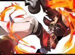  1boy belt_buckle brown_hair buckle fire guilty_gear guilty_gear_xrd headband jacket junkyard_dog_mk_iii kousuke_(kari) male_focus muscle pants pectorals red_eyes red_jacket simple_background sleeveless sol_badguy solo volcanic_viper white_background white_pants 