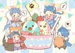  4boys animal_ears betushio bodysuit bow cape chibi cu_chulainn_(fate)_(all) cu_chulainn_(fate/grand_order) cu_chulainn_(fate/prototype) dog_ears facepaint fate/grand_order fate/prototype fate/stay_night fate_(series) food heart hood hood_down ice_cream lancer long_hair multiple_boys multiple_persona musical_note ponytail sparkle spiky_hair spoon tail type-moon 