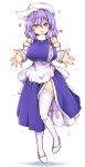  1girl apron arm_warmers bra breasts commentary commission dress english_commentary full_body hat head_tilt heart highres large_breasts letty_whiterock looking_at_viewer medium_hair purple_dress purple_hair reaching_out shoes simple_background solo sparkle standing thigh-highs touhou underwear violet_eyes waist_apron white_apron white_background white_bra white_footwear white_headwear white_legwear wool_(miwol) 