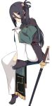  1girl baton black_footwear black_hair closed_mouth double-breasted from_side full_body gloves holding invisible_chair long_hair long_sleeves looking_at_viewer looking_to_the_side open_pants pants pelvic_curtain scabbard sheath sheathed shichiseiken_(tenka_hyakken) shiseki_hirame shoes side_ponytail simple_background sitting solo sword tenka_hyakken violet_eyes weapon white_background white_gloves white_pants 
