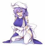  :d apron arm_warmers blush bra breasts commentary commission dress english_commentary flying_sweatdrops hat kneeling large_breasts letty_whiterock looking_at_viewer medium_hair open_mouth purple_dress purple_hair shoes simple_background smile thigh-highs touhou underwear violet_eyes waist_apron white_apron white_background white_bra white_footwear white_headwear white_legwear wool_(miwol) 