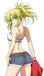  1girl arm_at_side ass back bare_arms bare_shoulders blonde_hair bra breasts closed_mouth cowboy_shot cutoffs denim denim_shorts eyebrows_visible_through_hair fate/apocrypha fate_(series) from_behind green_eyes hand_on_hip high_ponytail highres holding kiriya_(aprikose_0312) long_hair looking_at_viewer looking_back midriff mordred_(fate) mordred_(fate)_(all) ponytail shorts shoulder_blades simple_background sleeveless small_breasts smile solo underwear white_background 