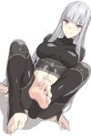  1girl ak-12_(girls_frontline) black_legwear blush breasts closed_mouth collarbone eyebrows_visible_through_hair feet full_body girls_frontline kageshio_(276006) long_hair looking_at_viewer medium_breasts silver_hair simple_background sitting skin_tight smile violet_eyes white_background 