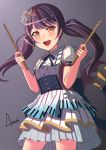  1girl amasaki_yusuke artist_name bang_dream! black_hair brown_eyes drumsticks futaba_tsukushi gradient gradient_background highres holding holding_drumsticks looking_at_viewer open_mouth signature smile solo twintails 