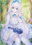  apron armband blush bow colored_pencil_(medium) darkkanan dress graphite_(medium) hair_bow hairband heterochromia highres instrument lolita_fashion lolita_hairband long_hair looking_at_viewer name_tag original pinafore_dress sitting suitcase thigh-highs traditional_media violin watercolor_(medium) white_dress white_hair white_legwear 