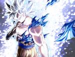  1boy aura clenched_hands closed_mouth dougi dragon_ball dragon_ball_super grey_eyes highres looking_at_viewer male_focus mattari_illust muscle silver_hair smile solo son_gokuu spiky_hair standing torn_clothes ultra_instinct 