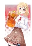  1girl blonde_hair blue_eyes breasts cup detective drinking_glass hessra highres hololive hololive_english holomyth looking_at_viewer necktie red_neckwear shirt skirt smile solo syringe virtual_youtuber watson_amelia white_shirt 