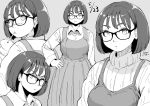  1girl bob_cut dated drinking drinking_straw drinking_straw_in_mouth glasses hadaken hand_on_hip monochrome multiple_views original pout short_hair sketch smile solo 