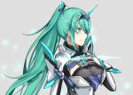  1girl bangs breasts chest_jewel earrings gloves green_eyes green_hair grey_background hand_on_own_chest highres jewelry large_breasts long_hair long_ponytail pneuma_(xenoblade) ponytail sarasadou_dan simple_background solo swept_bangs tiara upper_body very_long_hair xenoblade_chronicles_(series) xenoblade_chronicles_2 