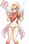  1girl angel_wings blonde_hair boots bracelet breasts breath_of_fire breath_of_fire_iii dress fishing_line green_eyes hairband highres jewelry knee_boots nina_(breath_of_fire_iii) panties puffy_sleeves short_hair simple_background solo underwear white_wings wings 