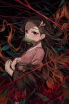  1girl absurdres bamboo black_hair commentary_request flower gag hair_ribbon highres kamado_nezuko kimetsu_no_yaiba long_hair long_sleeves looking_at_viewer meltyrice obi pink_eyes ribbon sash sidelocks solo string string_of_fate wide_sleeves 