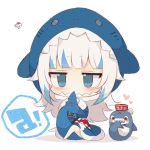  1girl a bangs barefoot biting bloop_(gawr_gura) blue_eyes blue_hair blue_hoodie blunt_bangs blush blush_stickers chibi commentary_request eyebrows_visible_through_hair gawr_gura heart hololive hololive_english hood hood_up hoodie multicolored_hair muuran shadow shark_hood shark_tail signature streaked_hair tail tail_biting virtual_youtuber white_background white_hair 