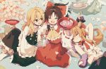  4girls :d ascot black_skirt black_vest blonde_hair blush bow brown_hair cherry_blossoms closed_eyes cup double-breasted drunk facing_viewer flower gourd hair_bow hakurei_reimu hand_up holding horn_bow horns ibuki_suika ka_(marukogedago) kirisame_marisa konpaku_youmu long_hair multiple_girls nose_blush open_mouth out_of_frame pink_flower ponytail red_bow red_skirt red_vest sakazuki sitting skirt smile socks touhou vest white_legwear yellow_neckwear 