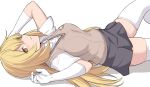  +_+ 1girl bangs blonde_hair blush breasts elbow_gloves gloves large_breasts long_hair looking_at_viewer lying on_back pleated_skirt school_uniform shirt shiseki_hirame shokuhou_misaki short_sleeves skindentation skirt smile solo sweater_vest symbol-shaped_pupils thigh-highs to_aru_kagaku_no_railgun to_aru_majutsu_no_index white_gloves white_legwear yellow_eyes 