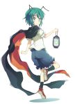  1girl antennae bangs black_cape blue_eyes blue_pants brown_footwear cape closed_mouth eyebrows_visible_through_hair fireflies full_body green_hair holding holding_lantern lantern leg_up looking_at_viewer pants puffy_short_sleeves puffy_sleeves shirt short_hair short_sleeves simple_background smile solo suichuu_hanabi touhou v-shaped_eyebrows white_background white_shirt wriggle_nightbug 