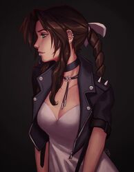  1girl absurdres aerith_gainsborough artist_name black_background breasts brown_hair collarbone cropped_jacket ear_piercing final_fantasy final_fantasy_vii final_fantasy_vii_remake green_eyes highres jacket leather leather_jacket lip_piercing looking_to_the_side piercing ponytail punk qt0ri small_breasts solo upper_body zipper 