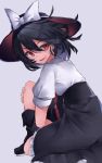  1girl absurdres black_hair boots bow fedora frilled_skirt frills hat hat_bow hat_ribbon highres long_skirt murayo open_mouth puffy_short_sleeves puffy_sleeves red_eyes ribbon shirt short_hair short_sleeves simple_background skirt squatting touhou usami_renko white_background 