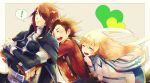  ! 1girl 2boys 9632 blonde_hair brown_eyes brown_hair collet_brunel kratos_aurion lloyd_irving long_hair multiple_boys open_mouth smile spiky_hair spoken_exclamation_mark tales_of_(series) tales_of_symphonia 