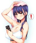  1girl bangs blue_hair boku_no_kokoro_no_yabai_yatsu breasts brown_eyes cellphone closed_mouth commentary_request eyebrows_visible_through_hair hagiya_masakage holding holding_phone long_hair phone smartphone sports_bra towel towel_on_head underwear yamada_anna 