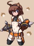  1girl acorn ahoge animal_ears ass_visible_through_thighs average-hanzo black_legwear black_panties blazblue blush brown_background brown_hair clenched_hands commentary cosplay crop_top cropped_legs dual_wielding english_commentary fake_animal_ears fingerless_gloves flat_chest full-face_blush gloves highleg highleg_panties holding huge_ahoge linne lowleg lowleg_skirt makoto_nanaya makoto_nanaya_(cosplay) microskirt navel orange_skirt panties short_hair side_slit skirt solo squirrel_ears squirrel_tail sweatdrop tail tonfa under_night_in-birth underwear violet_eyes weapon 