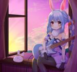  1girl animal_ears aqua_hair bangs black_gloves black_legwear brown_eyes carrot_hair_ornament electric_guitar food_themed_hair_ornament fur-trimmed_gloves fur_scarf fur_trim gloves guitar hair_ornament hololive instrument multicolored_hair open_window pantyhose rabbit_ears sitting smile solo two-tone_hair usada_pekora virtual_youtuber white_hair window 