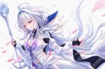  1girl absurdres ahoge bangs black_gloves black_pants breasts fate/grand_order fate/prototype fate_(series) fingerless_gloves gloves highres lalazyt long_hair long_sleeves looking_at_viewer medium_breasts merlin_(fate/prototype) pants smile thighs very_long_hair violet_eyes white_hair white_robe wide_sleeves 