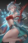  1girl absurdres arknights bandeau bangs bare_legs bare_shoulders breasts chinese_commentary commentary_request grey_background grey_shorts hair_between_eyes half_updo hand_up highres holding horns long_hair looking_at_viewer medium_breasts midriff multicolored_hair nian_(arknights) off_shoulder pointy_ears redhead shoes short_shorts shorts silver_hair smile solo stomach strapless streaked_hair thighs tubetop violet_eyes youyi_(jiam009) 