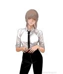  1girl alternate_hair_color bangs black_neckwear black_pants braid braided_ponytail breasts business_suit chainsaw_man eyebrows_visible_through_hair formal grey_hair hands_together light_smile long_hair long_sleeves looking_at_viewer makima_(chainsaw_man) medium_breasts nail_polish necktie office_lady pants red_nails ringed_eyes shirt shirt_tucked_in sleeves_rolled_up smile solo suit twitter_username wa1kingbird white_background white_shirt yellow_eyes 