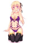  1girl bangs black_legwear blonde_hair breasts corset eyebrows_visible_through_hair gold_trim highres kneeling lisesharte_atismata looking_at_viewer medium_breasts midriff navel nottytiffy open_mouth panties pubic_tattoo purple_panties saijaku_muhai_no_bahamut solo tattoo thigh-highs underwear underwear_only violet_eyes 