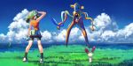  1girl arm_up bare_arms bike_shorts black_legwear brown_hair clouds commentary_request day deoxys fanny_pack gen_3_pokemon gloves grass green_bandana kneepits legs_apart may_(pokemon) mythical_pokemon outdoors plusle pokemon pokemon_(creature) pokemon_(game) pokemon_emerald pokemon_rse rowdon shoes sky socks standing 