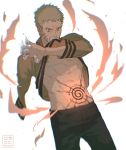  1boy abs behindxa black_pants blonde_hair boruto:_naruto_next_generations clenched_teeth commentary_request energy highres korean_commentary male_focus mouth_hold naruto_(series) pants shirt solo standing sweat teeth uzumaki_naruto whisker_markings 