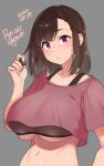 1girl 2020 :o agawa_ryou artist_name braid breasts brown_eyes brown_hair commentary dated grey_background large_breasts looking_at_viewer midriff navel original parted_lips short_hair simple_background solo tongue tongue_out under_boob 