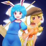  2girls alternate_hairstyle animal_ears arm_behind_head arm_up blonde_hair blue_hair blue_shirt blue_skirt breasts brown_headwear bunny_tail clouds collarbone commentary_request cowboy_shot crop_top ear_clip flat_cap floppy_ears full_moon hairstyle_switch hat highres kine leaning_forward light_frown locked_arms long_hair looking_at_viewer low_twintails mallet medium_breasts midriff moon multiple_girls navel open_mouth orange_shirt puffy_short_sleeves puffy_sleeves rabbit_ears red_eyes ringo_(touhou) seiran_(touhou) shirosato shirt short_hair short_sleeves shorts skirt small_breasts standing striped striped_shorts tail tan touhou twintails yellow_shorts 