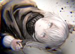  1girl animal_ears arknights bangs blue_eyes character_name cloak fingernails hair_between_eyes highres light_particles long_hair long_sleeves looking_at_viewer lying misha_(arknights) on_back parted_lips pottsness russian_text solo tears turtleneck upper_body white_hair 
