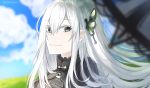  1girl absurdres artist_name blue_sky blurry blurry_background blurry_foreground closed_mouth clouds echidna_(re:zero) eyebrows_visible_through_hair hair_between_eyes hair_ornament highres kanniiepan long_hair looking_at_viewer re:zero_kara_hajimeru_isekai_seikatsu silver_hair sky smile solo upper_body white_eyelashes 