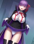  1girl bangs bb_(fate)_(all) bb_(fate/extra_ccc) black_coat black_skirt breasts coat fate/extra fate/extra_ccc fate_(series) gloves hair_ribbon high-waist_skirt highleg highleg_leotard highres large_breasts leotard long_hair long_sleeves masatoki neck_ribbon open_clothes open_coat open_mouth popped_collar purple_hair red_ribbon ribbon skirt skirt_lift smile thighs very_long_hair violet_eyes white_gloves white_leotard wide_sleeves 