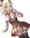  1girl blonde_hair blue_eyes blush breasts detective eyebrows_visible_through_hair hair_ornament hat highres hololive hololive_english holomyth looking_at_viewer monocle_hair_ornament necktie red_neckwear shirt skirt smile solo st0427 virtual_youtuber watson_amelia white_shirt 
