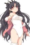  1girl bare_shoulders black_bow black_hair bow breasts closed_mouth covered_navel cowboy_shot crown earrings fate/grand_order fate_(series) fur-trimmed_jacket fur_trim hair_bow hand_up ishtar_(fate)_(all) ishtar_(fate/grand_order) jacket jewelry leotard long_hair looking_at_viewer medium_breasts off-shoulder_jacket pink_jacket red_eyes shiseki_hirame simple_background smile solo standing two_side_up white_background white_leotard 