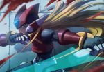  1boy absurdres android blonde_hair blood capcom commentary_request energy_blade energy_sword helmet highres holding holding_weapon hoshi_mikan long_hair male_focus robot rockman rockman_zero serious solo sword weapon zero_(rockman) 