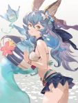  1girl animal_ears bikini blue_bikini blue_hair breasts erune eyebrows_visible_through_hair ferry_(granblue_fantasy) flower frilled_bikini frills granblue_fantasy hair_between_eyes hair_flower hair_ornament long_hair looking_at_viewer medium_breasts solo swimsuit taroji two-tone_bikini white_bikini yellow_eyes 