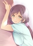  1girl breast_press closed_mouth deyuuku eyebrows_visible_through_hair green_eyes hair_ornament hair_scrunchie long_hair looking_at_viewer love_live! love_live!_school_idol_project low_twintails pink_scrunchie purple_hair scrunchie smile solo toujou_nozomi twintails 