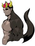  1boy abs bara bare_chest black_hair black_sclera chest chest_hair cropped_torso demon_boy facial_hair highres horns looking_at_viewer male_focus monster_boy multicolored_hair muscle naop_(anything) navel nipples original pink_hair short_hair solo tail two-tone_hair white_background yellow_eyes 