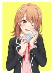  1girl ;d bangs blazer border bottle brown_hair cardigan closed_eyes eyebrows_visible_through_hair highres holding holding_bottle isshiki_iroha jacket long_hair long_sleeves looking_at_viewer neck_ribbon one_eye_closed open_blazer open_clothes open_jacket open_mouth outside_border pink_cardigan red_ribbon ribbon shiny shiny_hair smile solo upper_body water_bottle white_border wing_collar yahari_ore_no_seishun_lovecome_wa_machigatteiru. yellow_background zawa_(user_ndkv3377) 