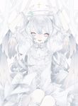  1girl :d absurdres angel angel_wings bow cross dress halo highres kneehighs kotarou_(kot_mochi) open_mouth original pale_skin puffy_short_sleeves puffy_sleeves short_sleeves silver_hair sitting smile white_background white_bow white_dress white_theme wings 