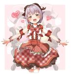  1girl :d bangs blush bow brown_bow brown_eyes center_frills collared_shirt commentary_request cropped_legs eyebrows_visible_through_hair frills hair_bow hair_flaps hair_intakes half-closed_eyes head_tilt heart highres idolmaster idolmaster_cinderella_girls koshimizu_sachiko looking_at_viewer open_mouth outstretched_arms plaid plaid_bow plaid_skirt polka_dot purple_hair red_bow red_skirt shirt short_hair skirt sleeveless sleeveless_shirt smile solo standing white_shirt wrist_cuffs yukie_(kusaka_shi) 